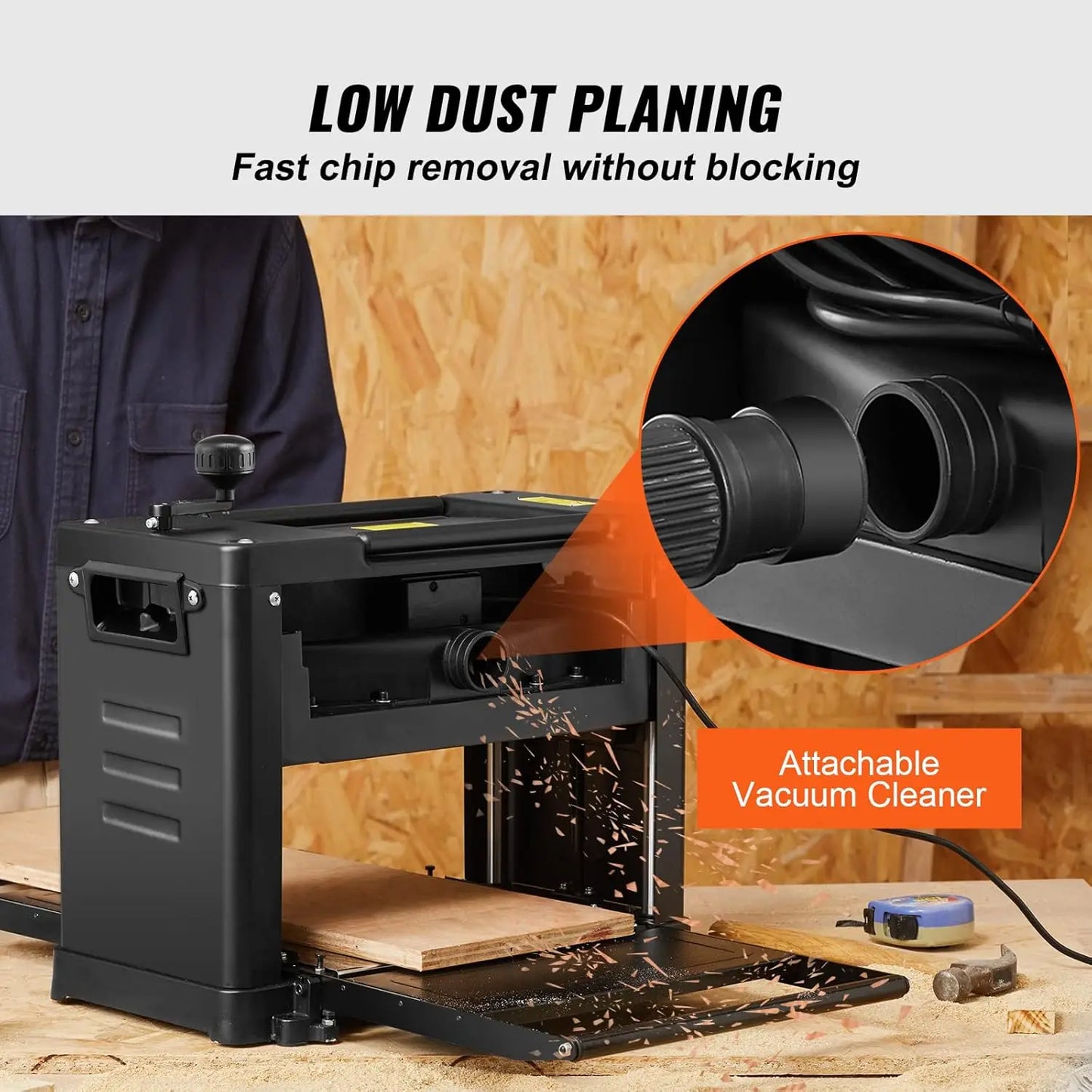 Thickness Planer, 13" Width Worktable Benchtop Planer, Two-Blade, 15-Amp 1800W Powerful Motor, 12" Extended Infeeding Table