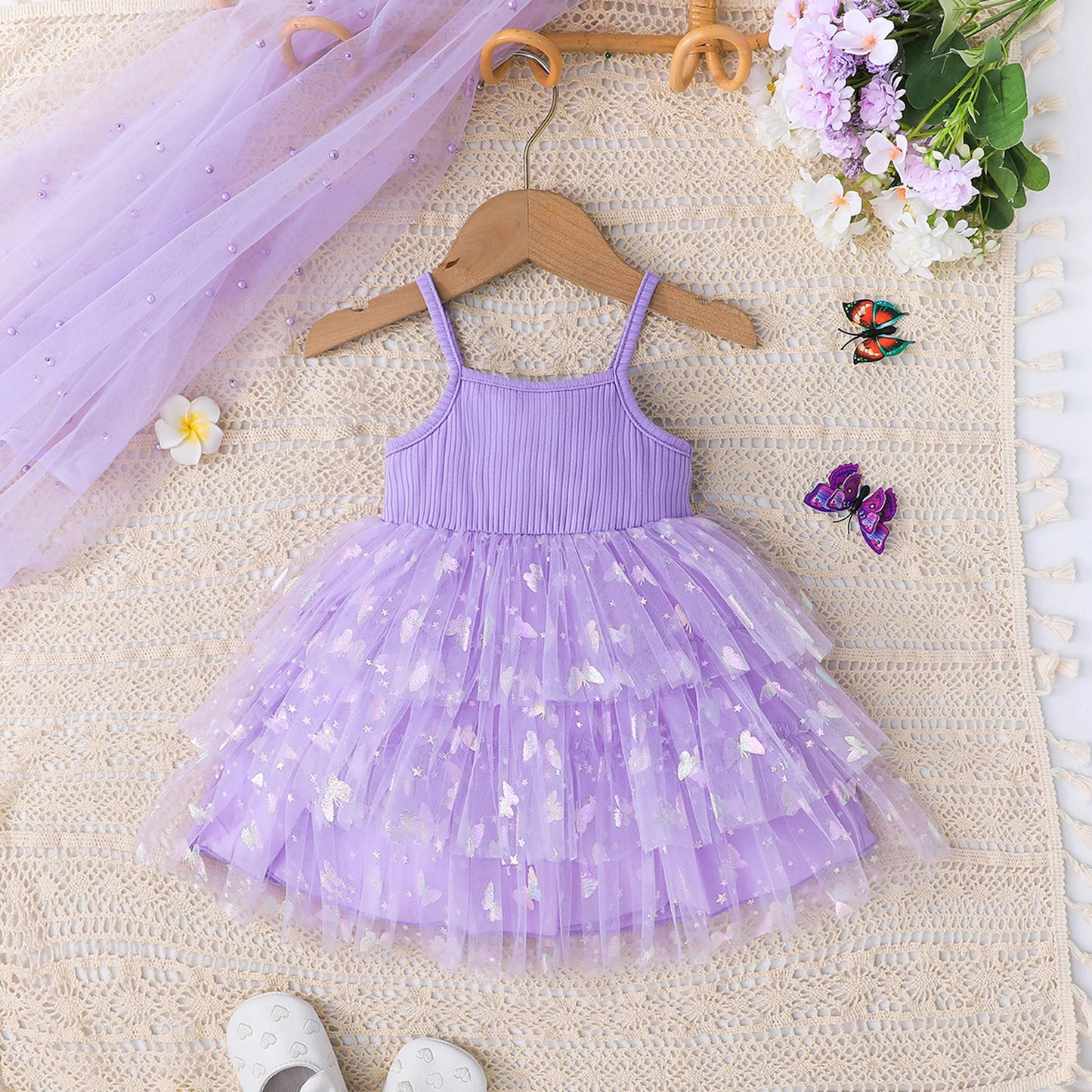 Toddler Girl Summer Sleeveless Dress Print Bow Tulle Patchwork A-Line Dress