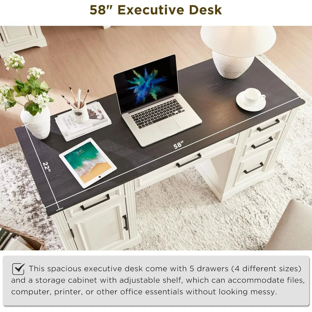 58" Executive Desk, Farmhouse Computer Desk with Drawers and Cabinet, Embossed Texture Home Office Desk, Workspace for Work Stu