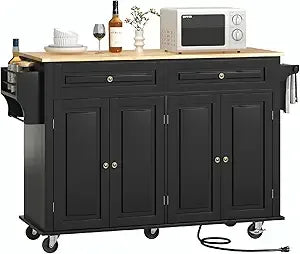 55" Movable Kitchen Island with Drop Leaf and Power Outlet, Rolling Cart with Storage Cabinet, Island Table on Wheels for Kitche