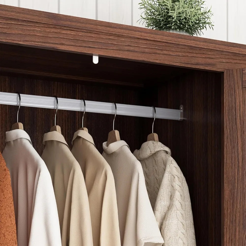 4 Doors Wardrobe Armoire Closet with Doors and Drawers, Farmhouse Wooden Armoire Storage Cabinet with Shelves & Hanging Rod