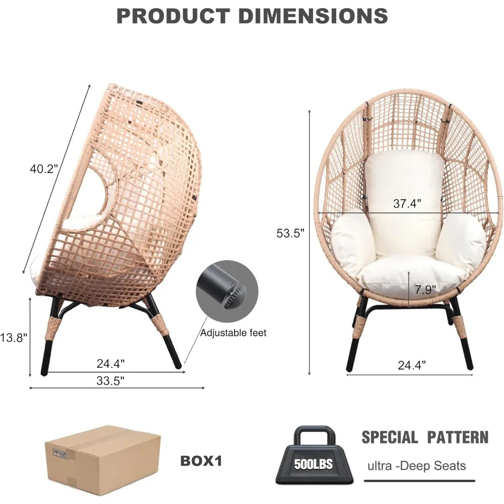 Oversized Wicker Egg Chair Outdoor Indoor Rattan Patio Egg Lounge Chairs with Cushion 500lbs Capacity for Living Room, Balcony,