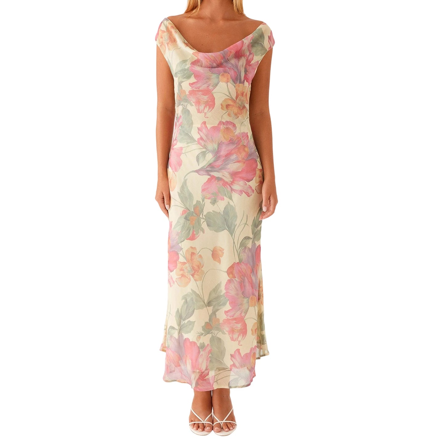 Elegant Floral Print Sleeveless Maxi Dress with Draped Neckline Women s Summer Cocktail Party Long Tank Dress