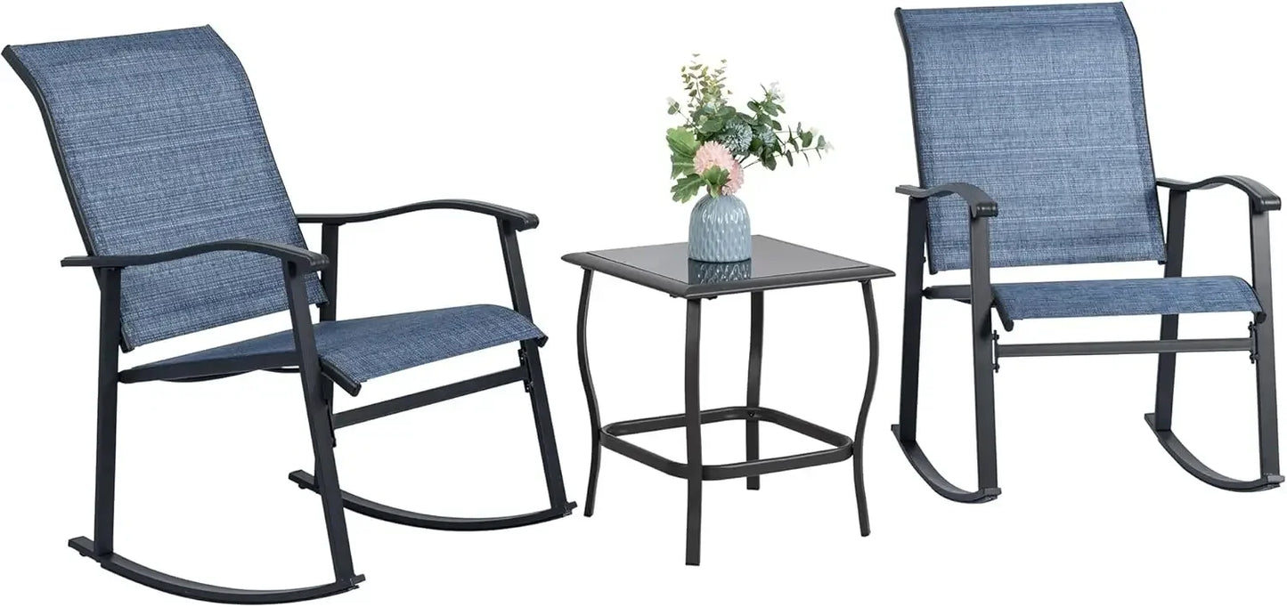 3 Piece Outdoor Rocking Bistro Set, Textilene Fabric Small Patio Furniture Set, Front Porch Rocker Chairs Conversation Set with