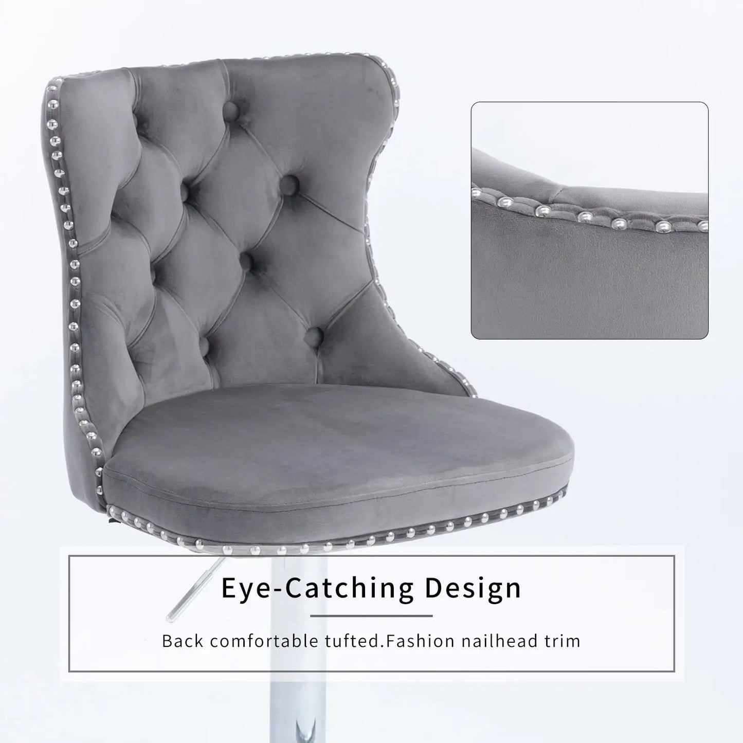 Gray Velvet Bar Stools Set of 2 - Adjustable Swivel Counter Height Chairs with Tufted Back and Nailhead Trim for Kitchen Island