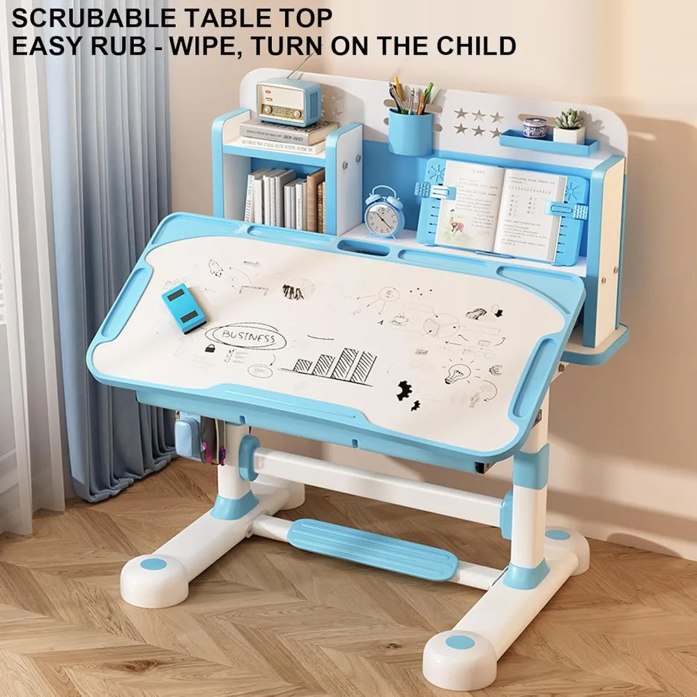 2025 Upgraded Kids Desk and Chair Set, 50 Degree Tiltable&Height Adjustable Kids Desk with Storage Drawers and Bookshelf, Ergono