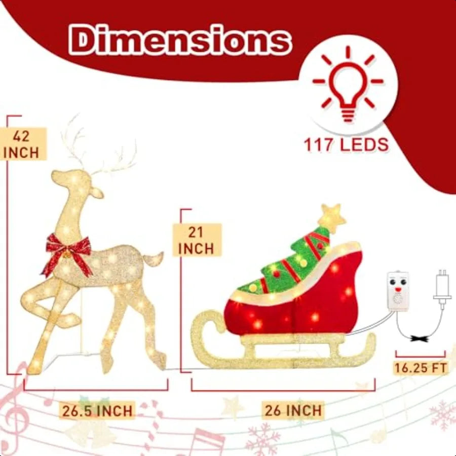 EAMBRITE Christmas Decorations Outdoor 42 Inch Christmas Reindeer Sled with 117 Warm White Lights Motion Sensor 2D Music Lighte