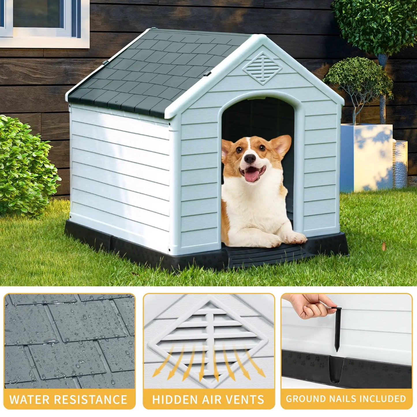 28" Plastic Dog House, Waterproof with Elevated Floor & Air Vents, Easy Clean & Assemble, Gray