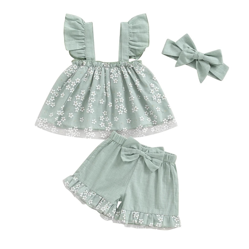 Baby Girl Floral Print Mesh Fly Sleeve Top and Shorts Set with Bow Detail and Matching Headband - 3 Piece Summer Outfit