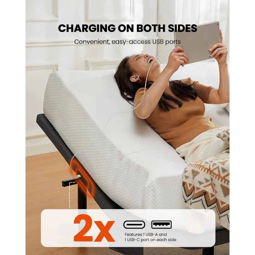 Amada Queen Adjustable Bed Frame with Massage, Head & Foot Incline, Wireless Remote, 4 Built-in USB Ports, LED Night Light, 4 He