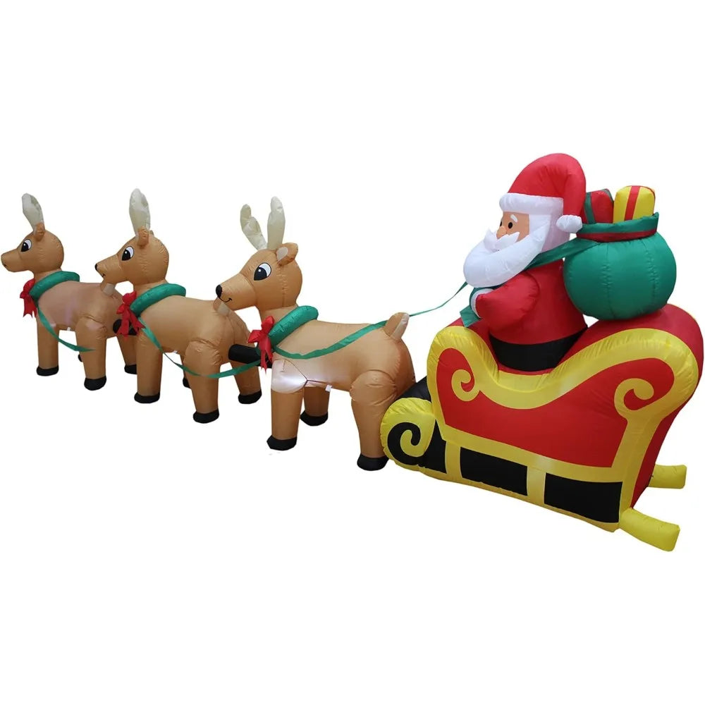 Hot Sale.12 Foot Long Lighted Christmas Inflatable Santa Claus on Sleigh with 3 Reindeer and Christmas Tree Yard Decoration-NEW