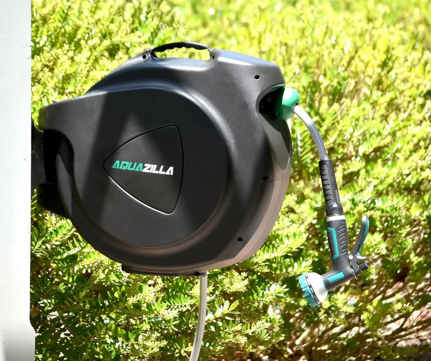 A Retractable Garden Hose Reel, 100Ft x 5/8" Durable Wall Mounted Water Hose Reel with 180° Swivel Bracket, 9 Pattern Sprayer,