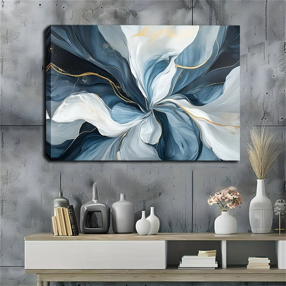 1 piece of modern abstract watercolor canvas art - 24x36 inch modern decorative frame with swirls of blue, white and gold