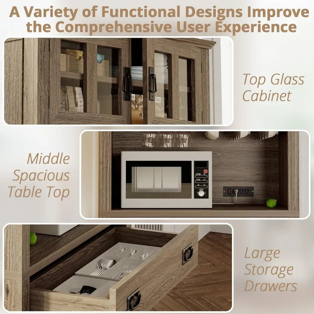 Kitchen Pantry with Power Outlets, Farmhouse Storage Cabinet, Coffee Bar with Glass Doors and Glasses Holder, Large Drawer