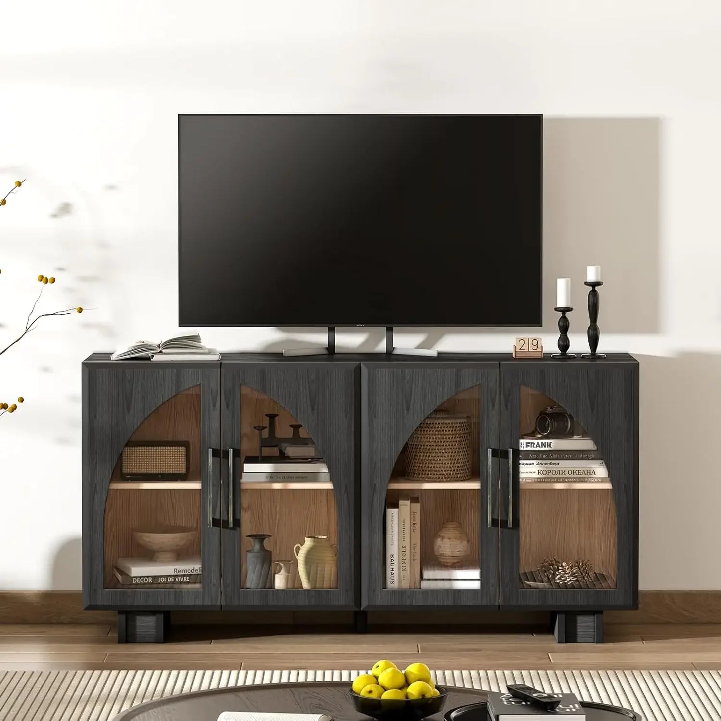 Modern Accent Cabinet , 63 '' Sideboard Buffet Cabinet with Storage, Large Sideboard with 4 Glass Doors, Black Credenzas