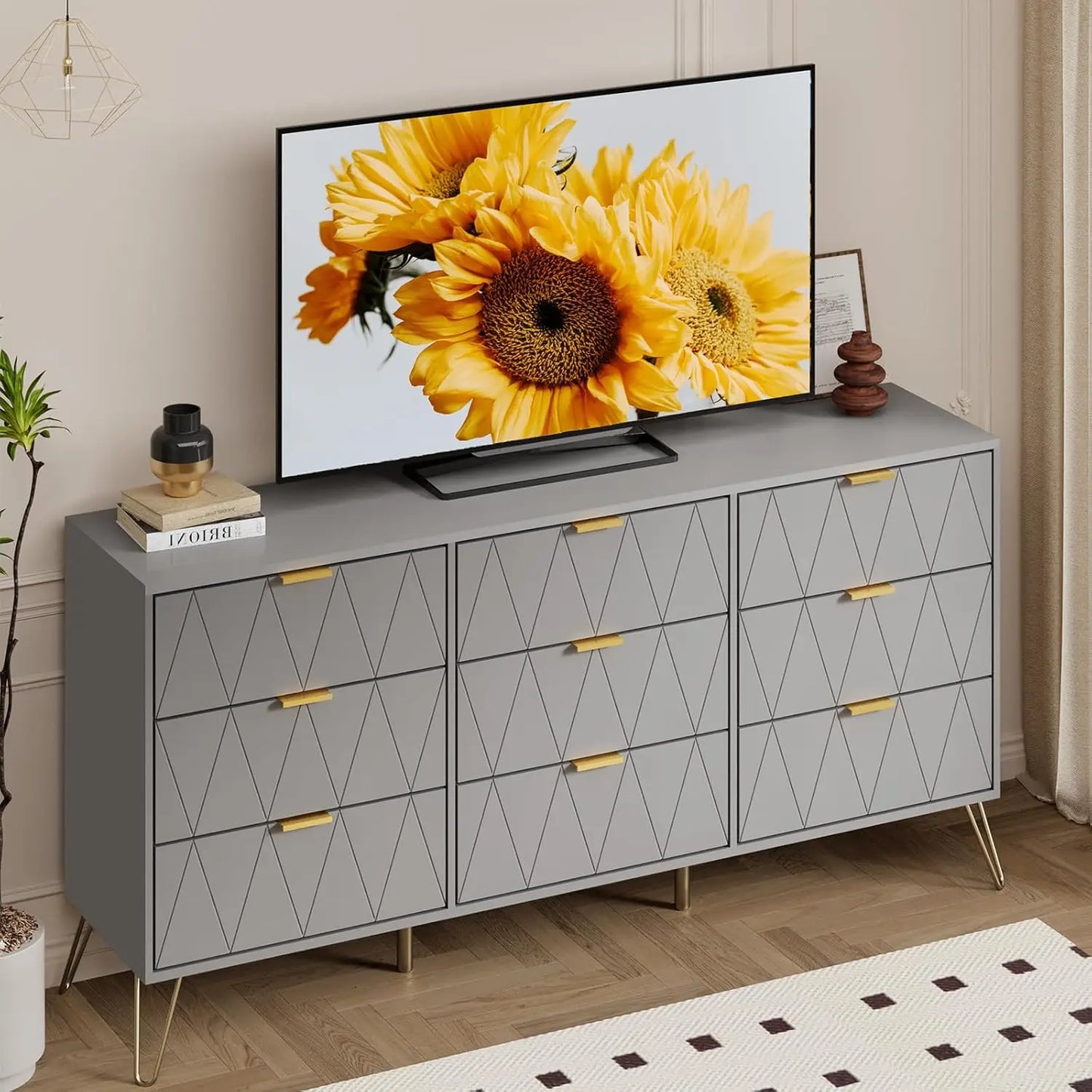 9 Drawer Dresser Navy with Gold Handles for Bedroom, Chest of Drawers & Long Dresser with Deep Drawers, Modern Wood Dressers