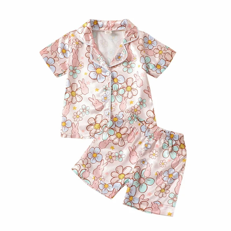 2Pcs Boys Easter Pajamas Set Long Sleeve Striped Print Button Down Shirts and Pants Set Loungewear for Kids