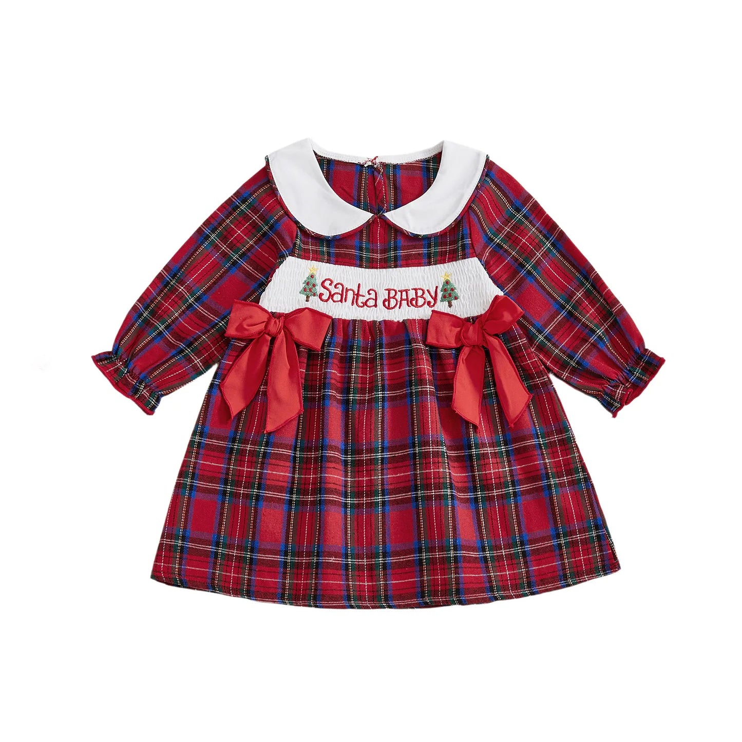 Winter Christmas Kids Toddler Baby Girl Dress Plaid Tree Collar Long Sleeve A-line Dress Bows Fall Xmas Clothes