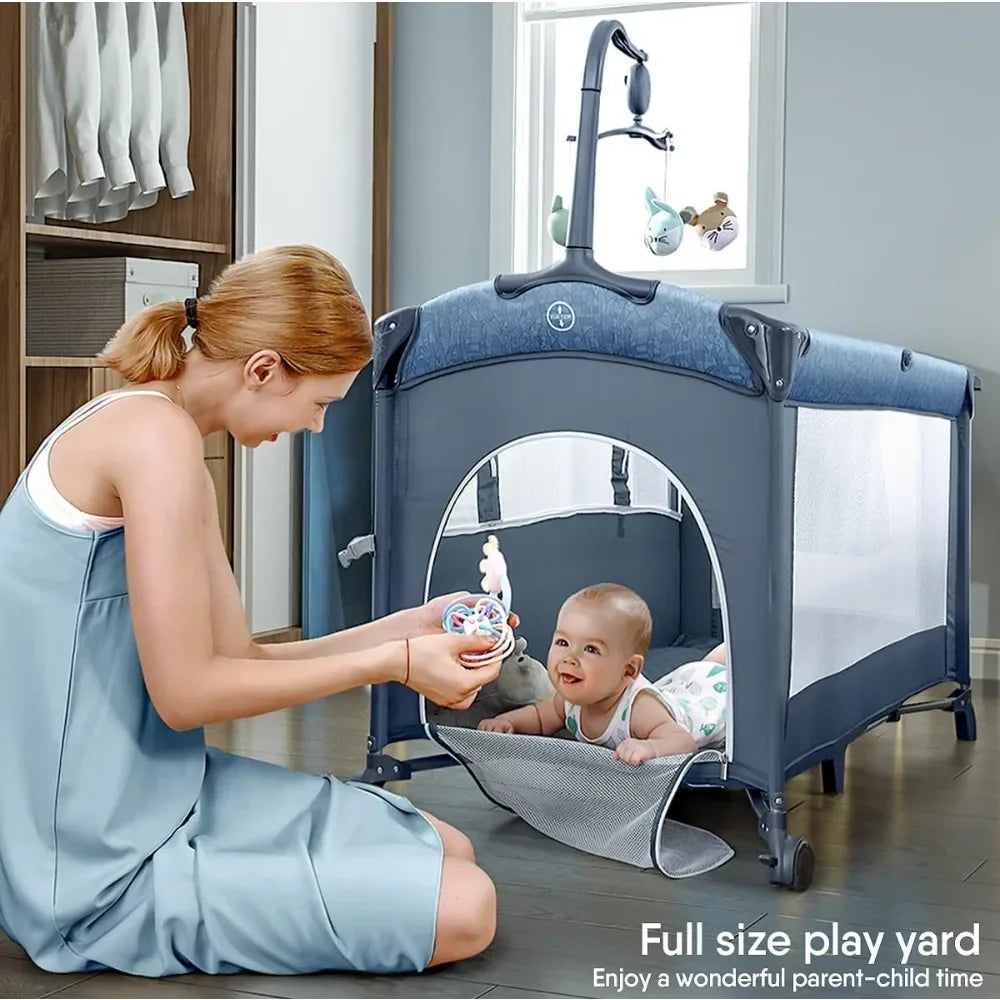 Bassinet Bedside Crib, Pack and Play with Sheet, Diaper Changing Table and Music Mobile from Newborn to Toddles, Portable