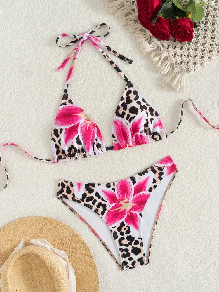 2025 New Summer Swimwear Bikini Set Sexy Print Backless Bikini 2 Piece Set Women Laced Up Split Swimsuit High Waist Beach Bikini