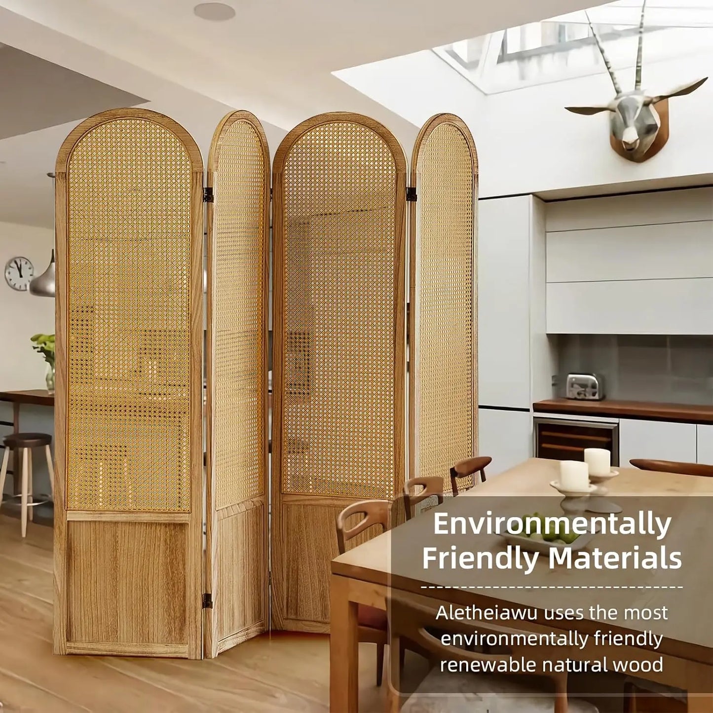 4 Panel Room Divider and Folding Privacy Screen, 5.6 Ft Foldable Double Hinged Rattan Partition, Hand-Woven Rattan, Customized