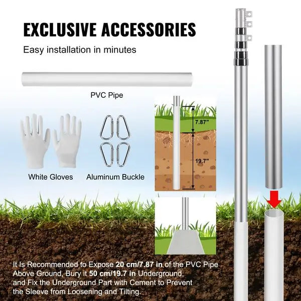 VEVOR 20FT Telescoping Flag pole Kit, Heavy Duty Aluminum Alloy in Ground Flag Poles for Outside, 3 Display Modes Flagpole with