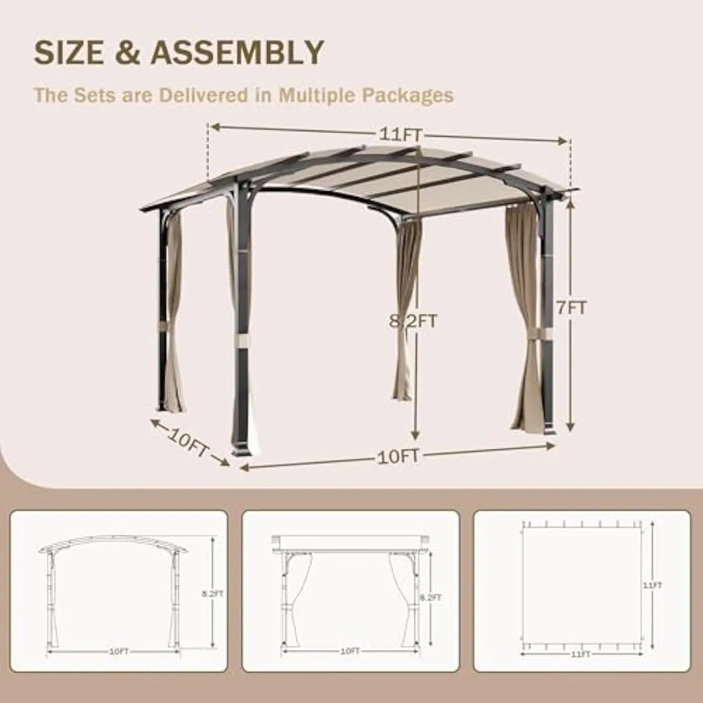 11'x11' Outdoor Pergola with Sidewalls,with Metal Steel Frame and Textilene Top Canopy, Arched Top Outdoor Pergola