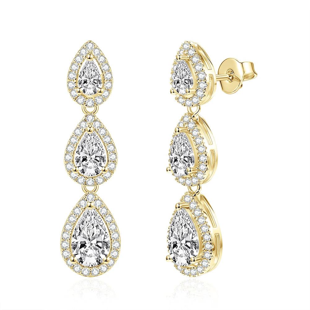 OXTAO 3-Stone Pear Cut 5A CZ Halo Drop Earrings for Women Girl Birthday Party Gift D VVS1 for Women Tassel Moissanite Dangle Earrings 14K Gold Filled