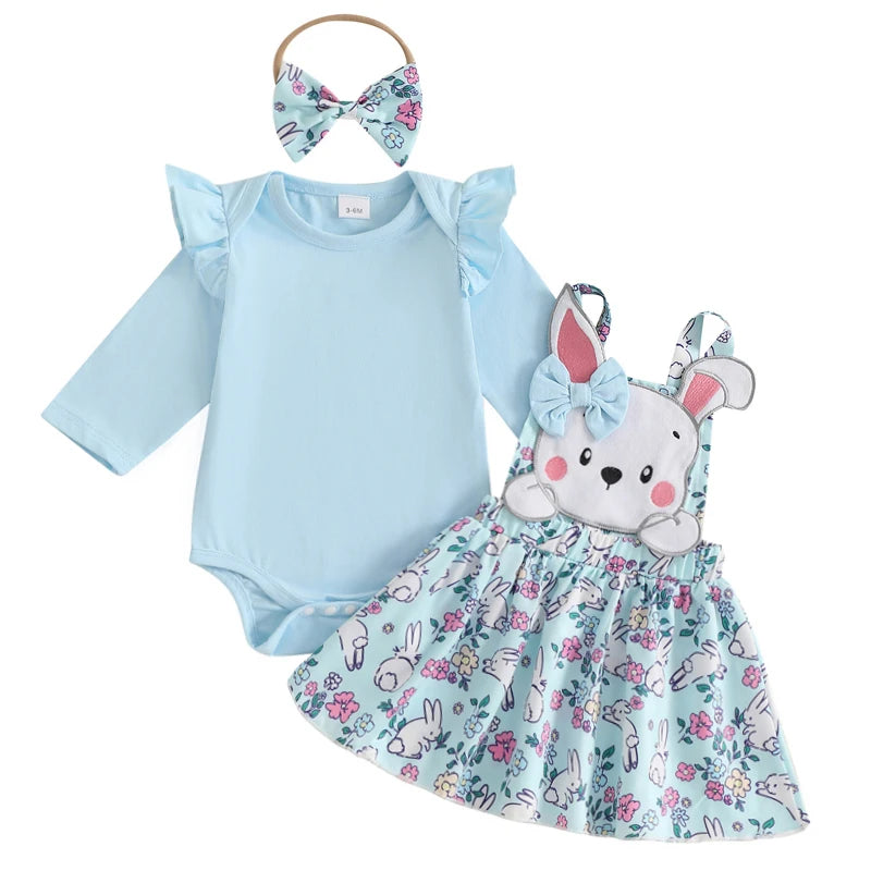 Adorable Baby Girl Easter Outfit Set with Floral Print Romper Ruffle Skirt and Matching Headband - 3 Piece Ensemble