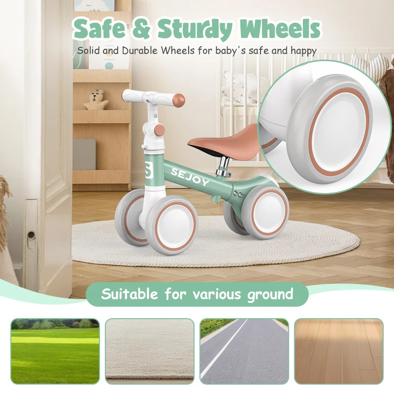Sejoy Baby Balance Bike, Toddler Baby Bicycle with 4 Wheels for 10-36 Months, Adjustable Handlebar Baby Outdoor Bike Riding Toy