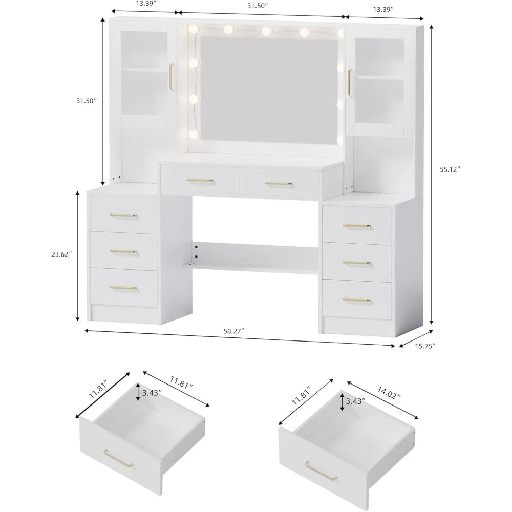 58.3" Makeup Vanity Desk with Charging Station, Dressing Table with Mirror & Lights, 3 Lighting Modes Adjustable Brightness,