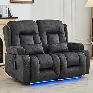 54" Power Loveseat Recliner Sofa, Electric Home Theater Seating with Massage Heat/4 Colors Ambient Lights/USB Port/Side Pocket/