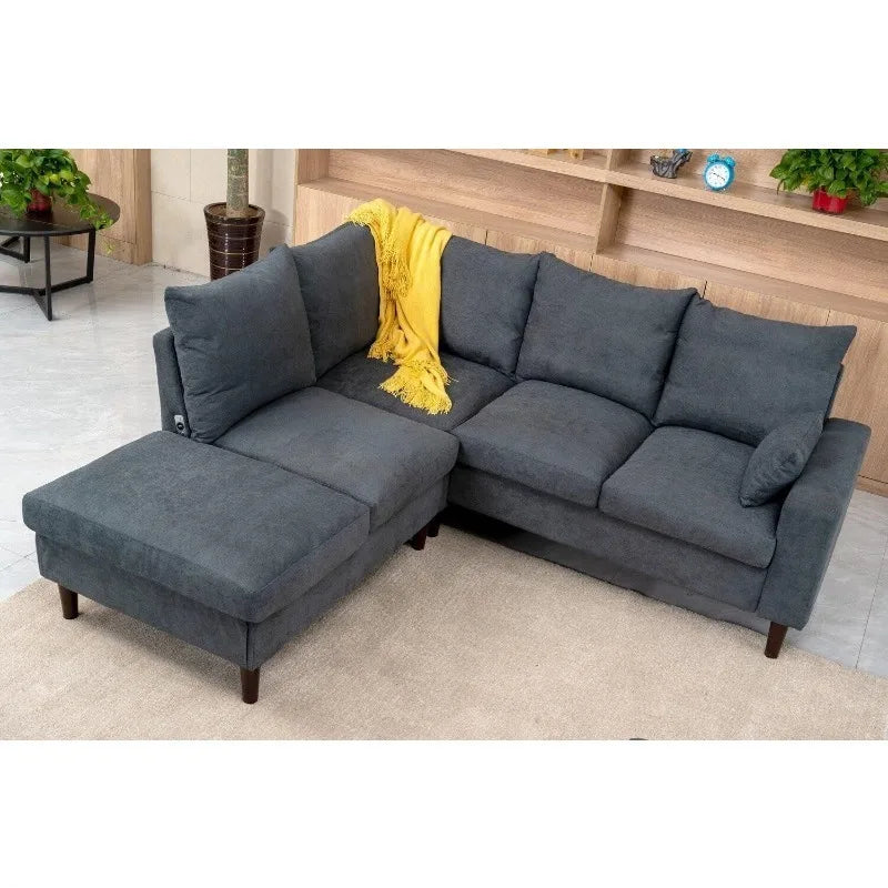 Convertible Sectional Sofa Couch, L-Shaped Corner Couch 4-Seat Sofa withBuilt-in USB Charging Port Chaise, Modern Linen F