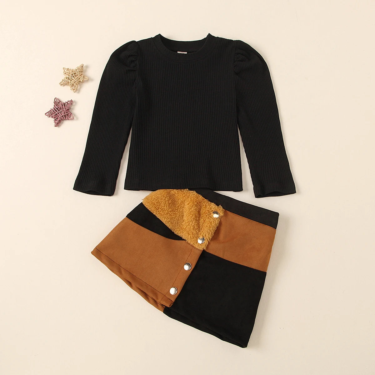 Children s Long Sleeve Knit Sweater and Buttoned Skirt Set Round Neck Bubble Sleeve Patchwork Outfit for Girls