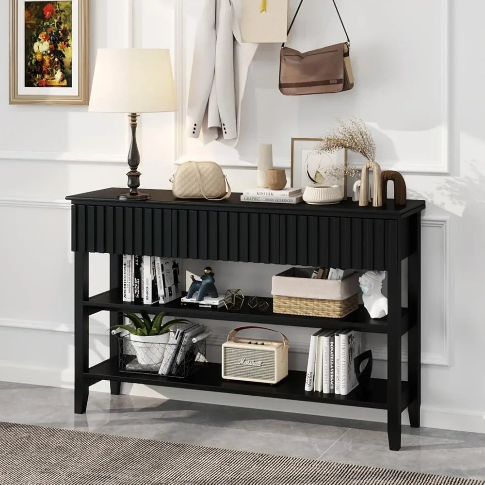 Painted Wood Console Table Narrow Long Sofa Table Modern Behind Couch Fluted Entryway Table with 3 Drawer