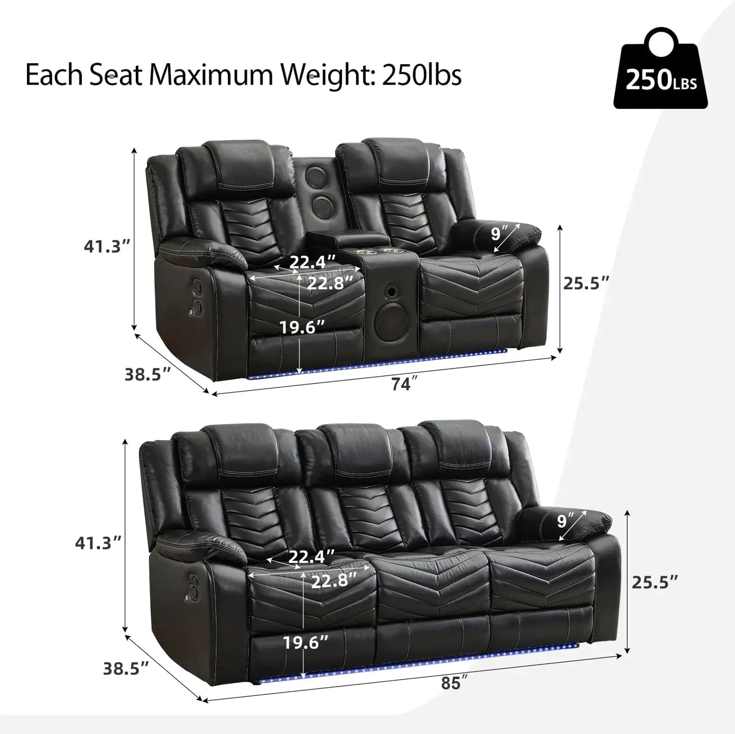 2-Piece Manual Recliner Sofa Set w/ Wireless Charger, Bass Speakers, LED Lights,Faux Leather Reclining Couch for Living Room