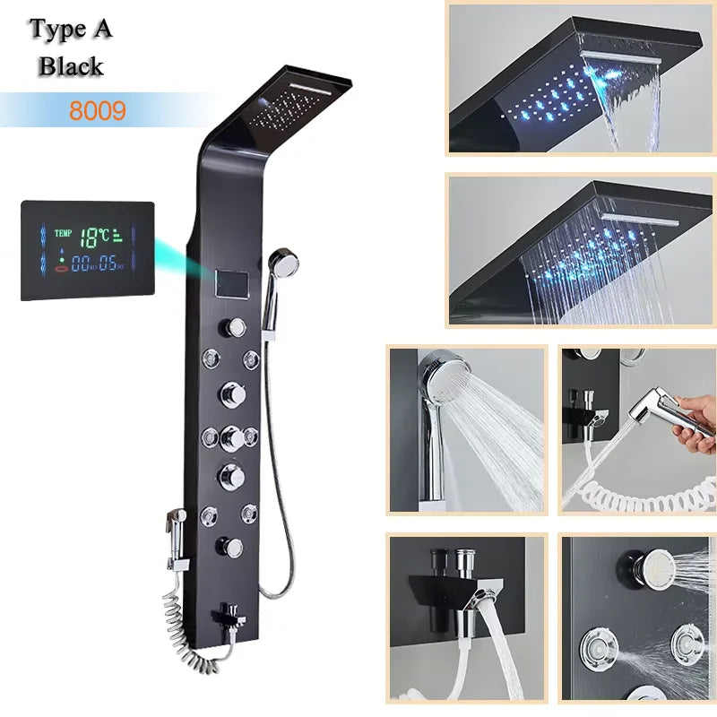 Luxury Bathroom Shower Panel Waterfall Rainfall Shower Head Hot Cold Mixer Tap Bidet Faucet with Handshower Massage Jets Spout