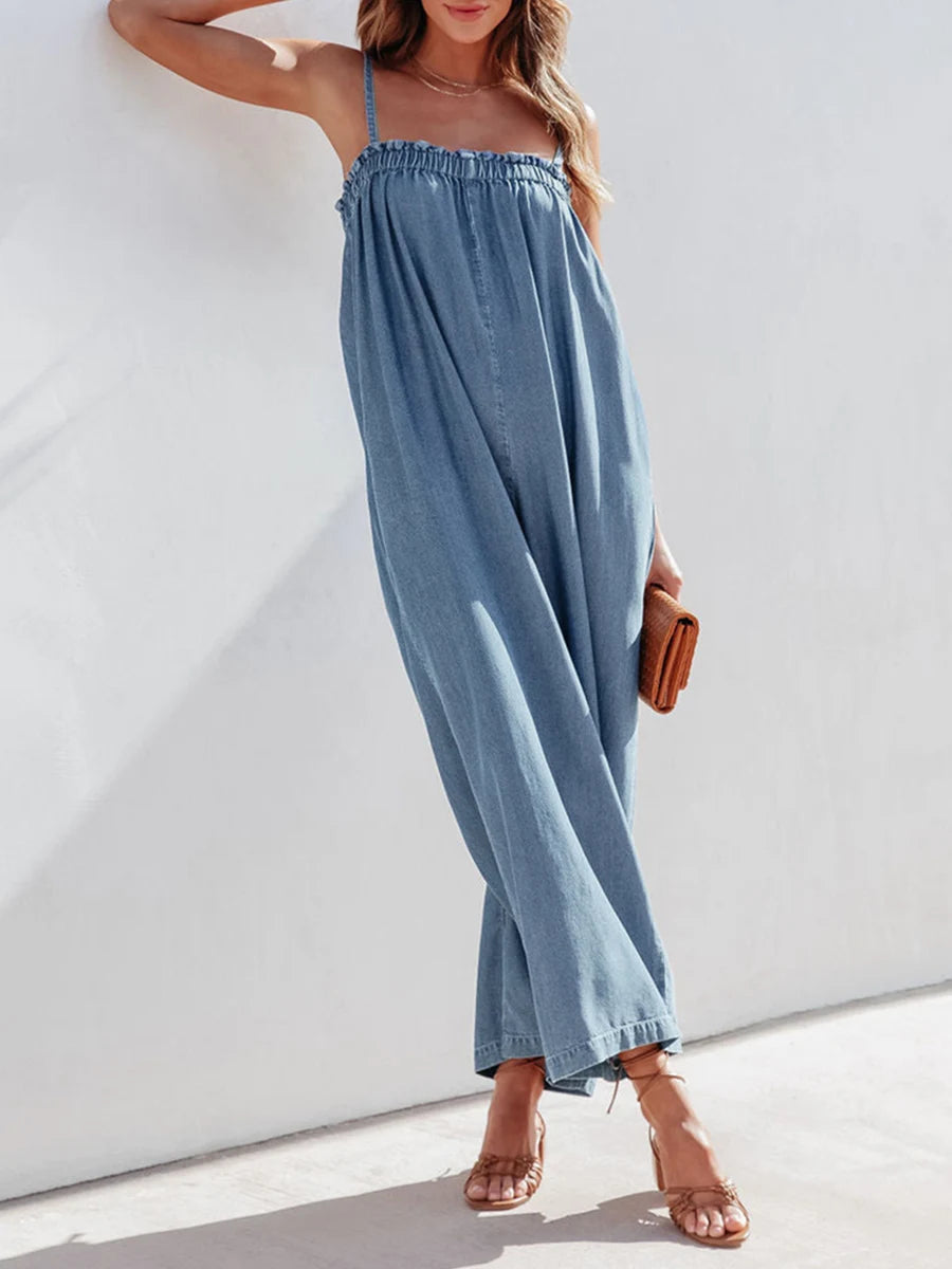 Women’s Denim Long Jumpsuit Casual Spaghetti Strap Solid Color Wide Leg Romper Pants