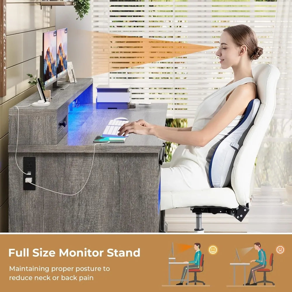 Elegant Farmhouse-Style Office Desk with File Cabinet, Computer Workstation featuring Charging Dock and LED Lighting, Complete H