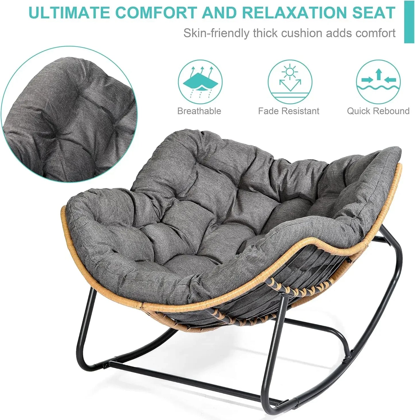 Outdoor Rocking Egg Chair, Indoor Papasan, Rattan Wicker Lounge, Modern Royal for Bedroom, Living Room, Porch, Garden,