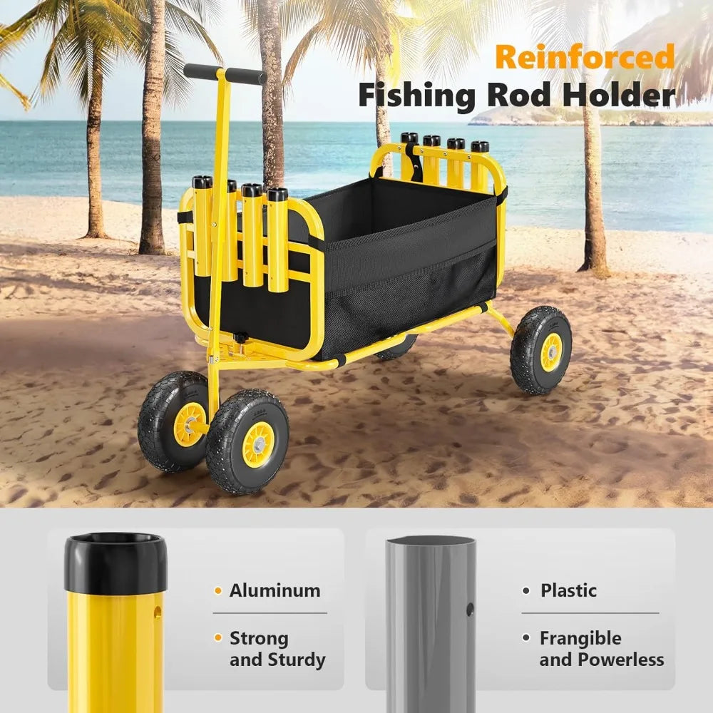 Hot Sale - Fishing Cart, Foldable Trolley with 11" Airless Tires, Beach Trailer with Large Cargo Basket, 550 lbs Load Capacity