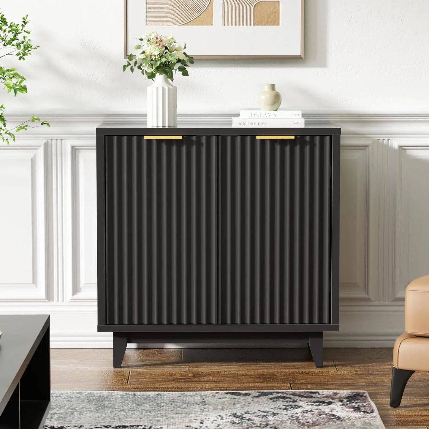 Fluted Cabinet with Storage, 2 Doors Sideboard Buffet, Mid Century Modern Accent Cabinet with Adjustable Shelves, Multifunctiona