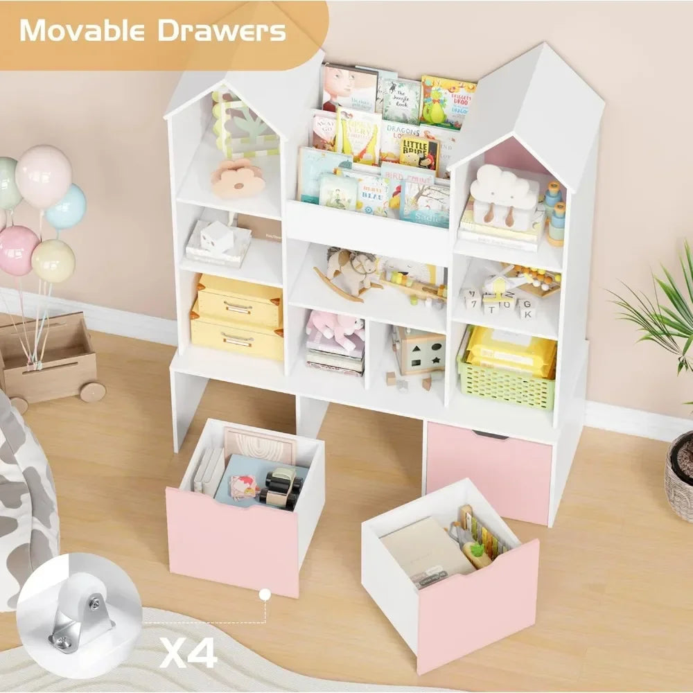 Toy Storage Organizer with Castle RoofLarge Kids Bookshelf Dollhouse with 3 Movable Drawers and 9 Storage Cubbies Toy Organizers