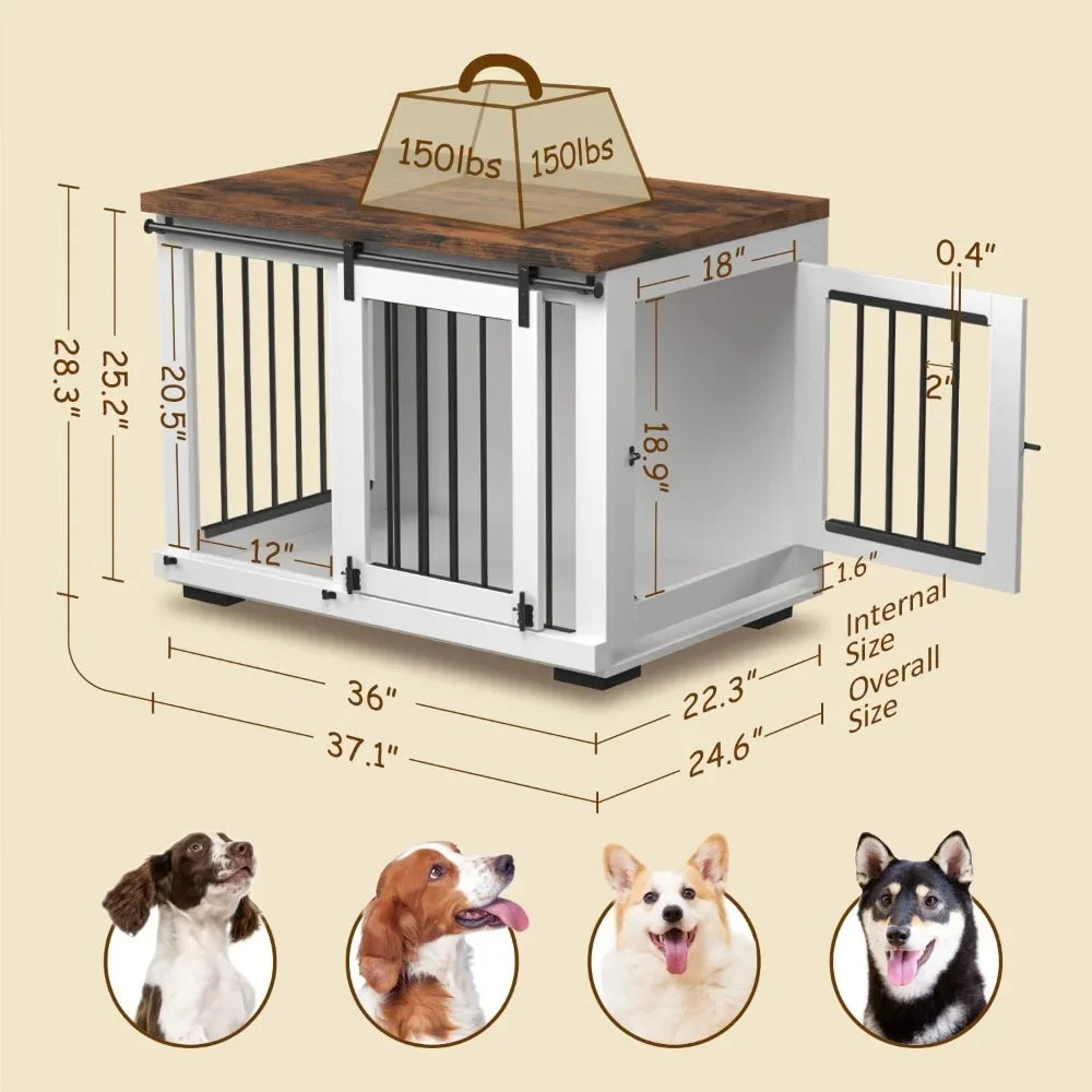 Dog Crate Furniture, Barn Door Puppy Crate with Padded Farmhouse Top and Metal Rails, White Decorative Modern Dog Crate Table
