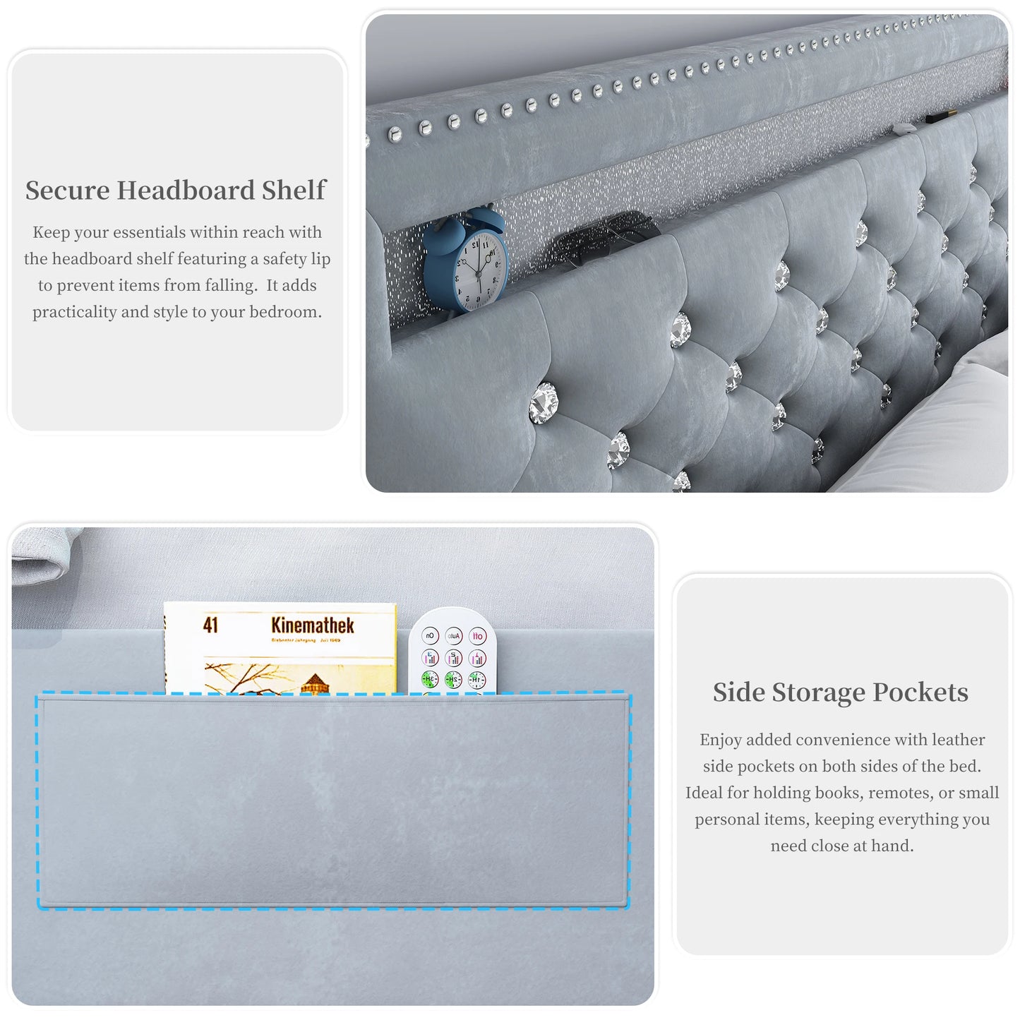 Full Size LED Bed Frame with 2 Drawers, Heavy Duty, Adjustable Crystal Tufted Headboard, No Box Spring, Velvet, Cream/Grey