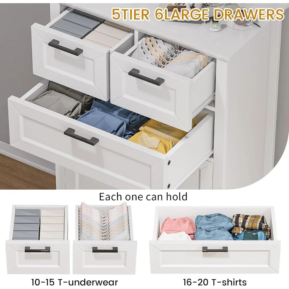 Odeekea White Dresser with 6 Drawers, Vertical Tall Dresser for Bedroom, Wood Dresser for Hallway, Living Room, Chest of Drawers