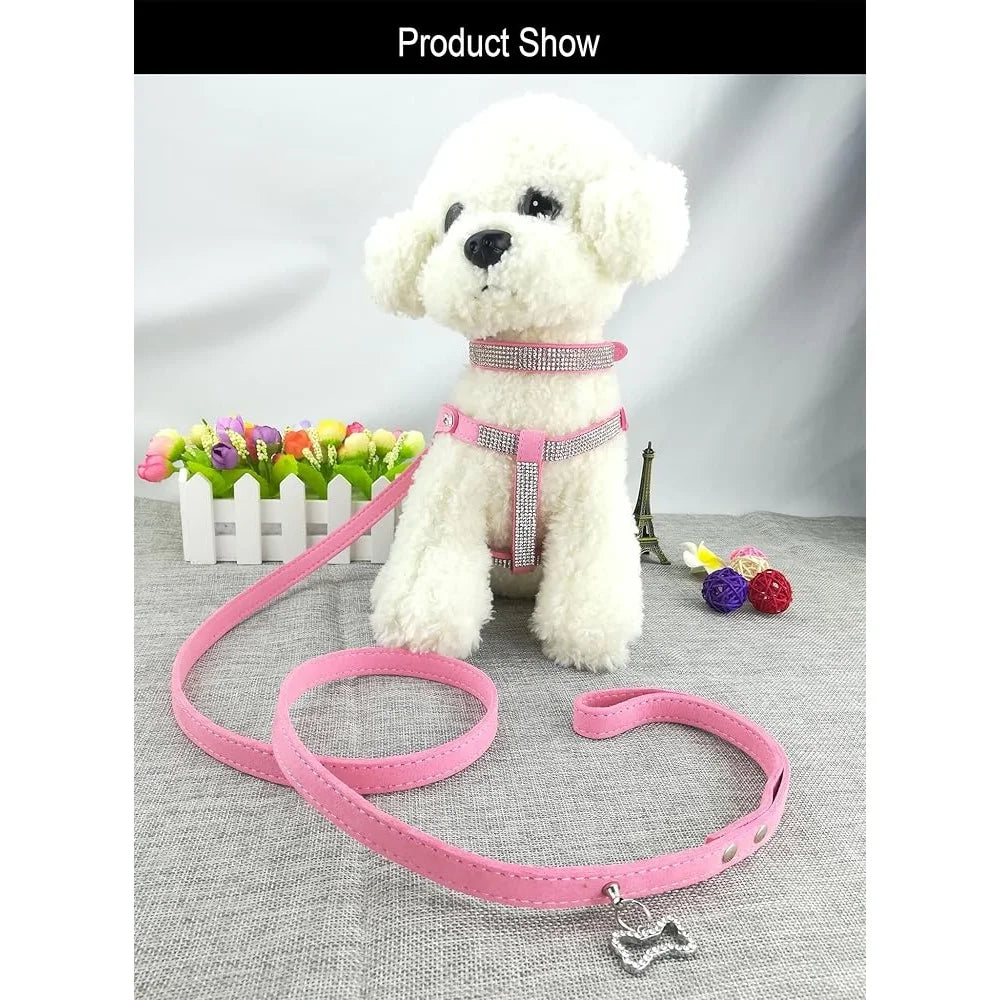 Comfortable Soft Dog Collar and Harness Set with Leash Stylish Diamante Design Small Pets Training Outdoor Activity
