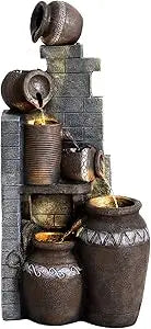 39.3" Tall Outdoor Water Fountain Garden Waterfalls Fountain with LED Lights 6 Tier Modern Indoor/Outdoor Floor Standing Water