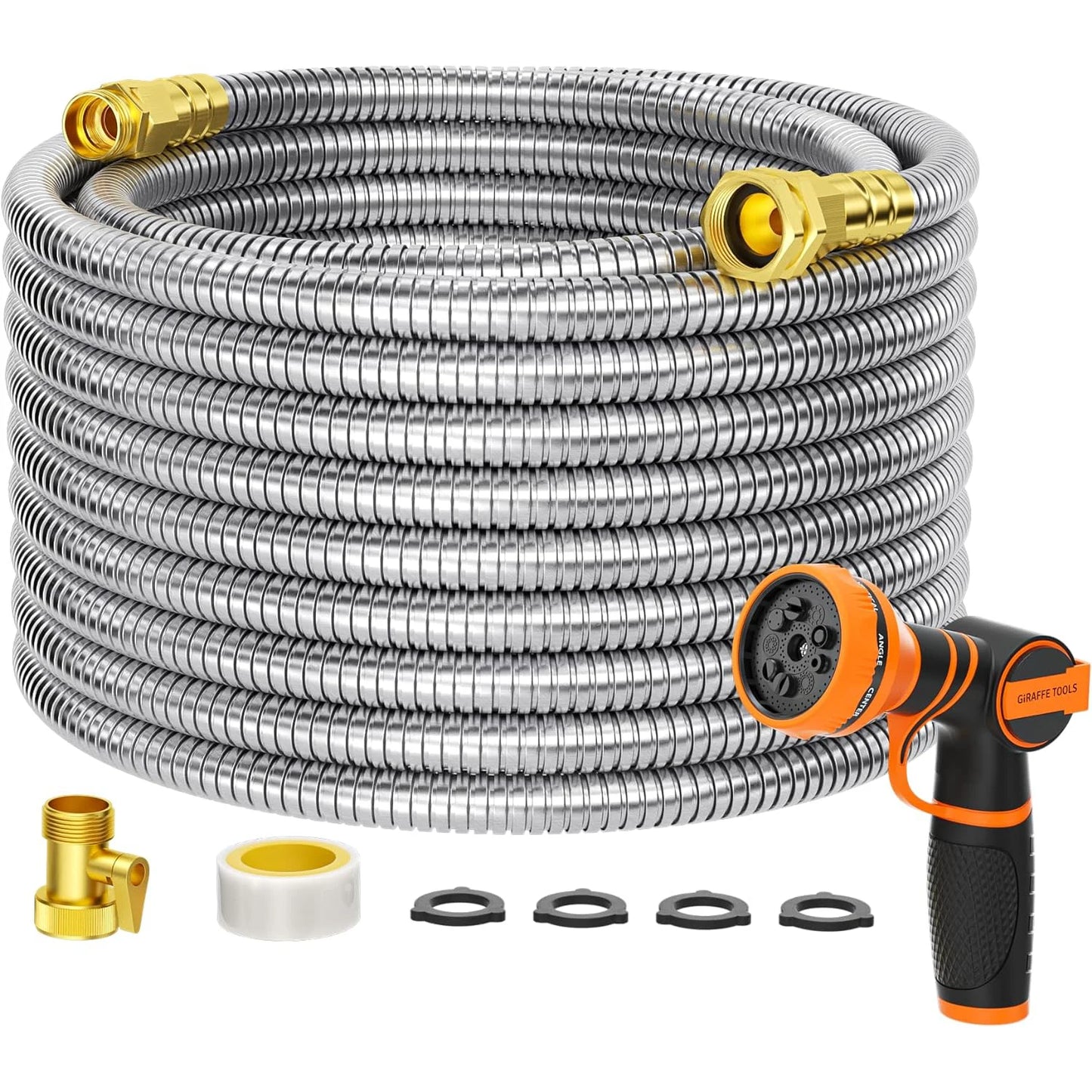 Giraffe Tools 5/8" Garden Hose, 304 Stainless Steel Metal Water Hose, No Kink Garden Water Hose with 9 Pattern Spray Nozzle