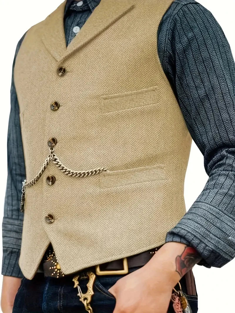 Classic Men's Vest Wedding Wool Tweed Business Waistcoat Jacket Casual Slim Fit Steampunk Vests For Groosmen Man Wedding